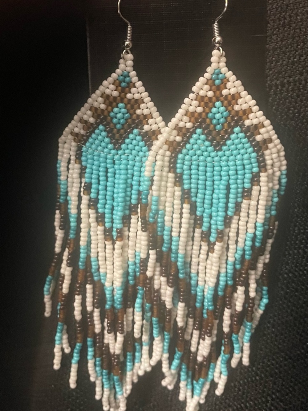 Turquoise, Brown and White Seed Bead Fringe Earrings - New